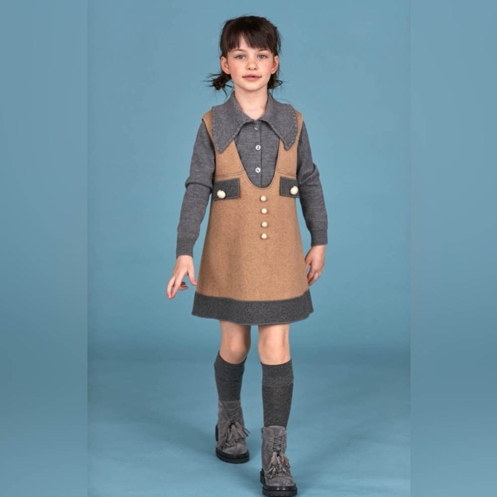 Mimisol Wool Two-Tone Knitted Pinafore Dress